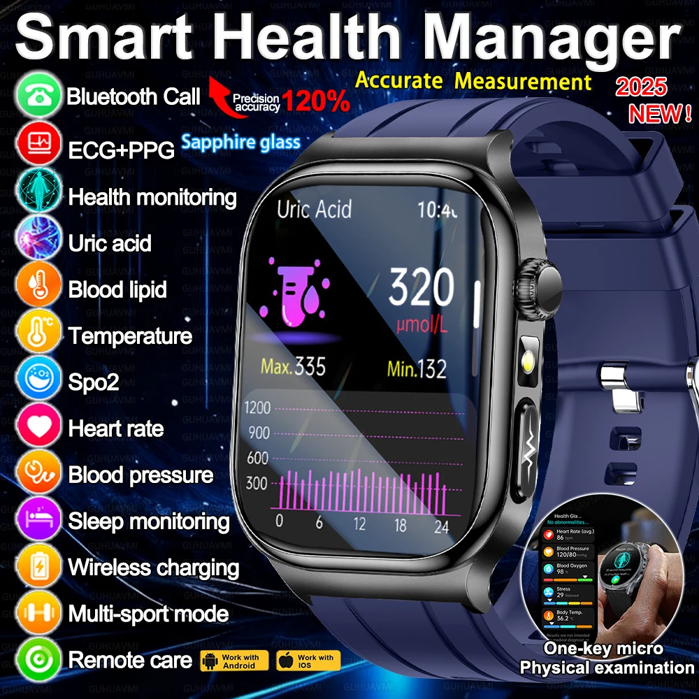 2025 New ECG Blood Lipids Uric Acid Accurate Measure Smart Watches Men Micro Physical Examination Waterproof Sports Smart Watch 1