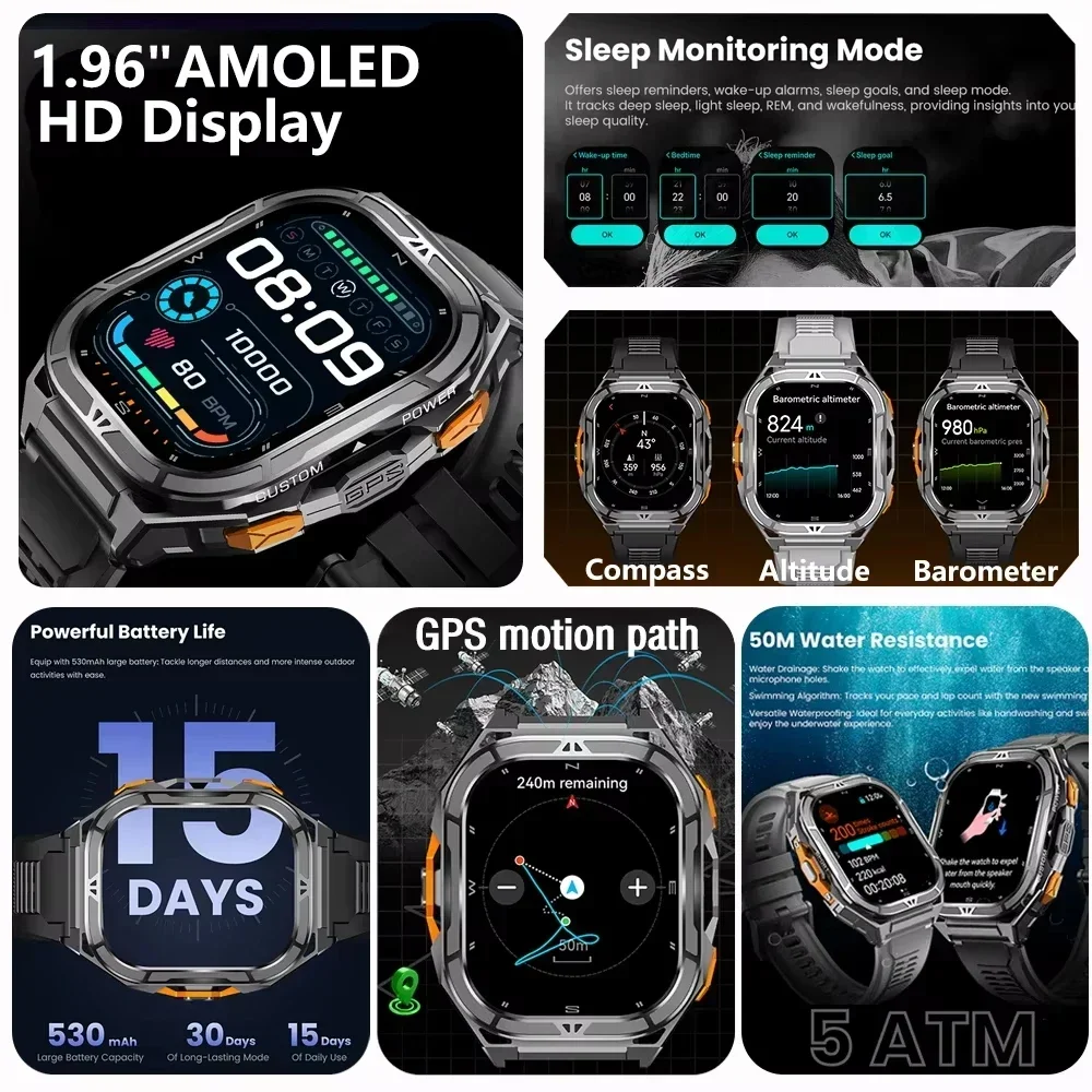 2025 New Military Outdoor Smart Watch Men's GPS Bluetooth Call 1.96 2